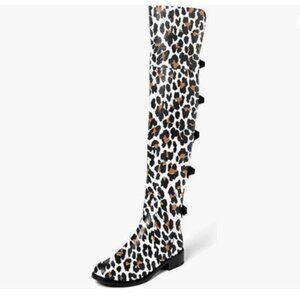 XYD Women Over The Knee Thigh High Leather Boots Chunky Heel Round Toe Leopard